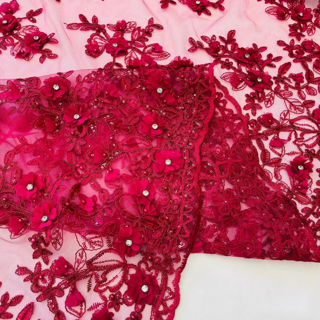 3D Floral Embroidery Lace with Rhinestones -  FUCHSIA  - By The Yard Prom Dress Fabric