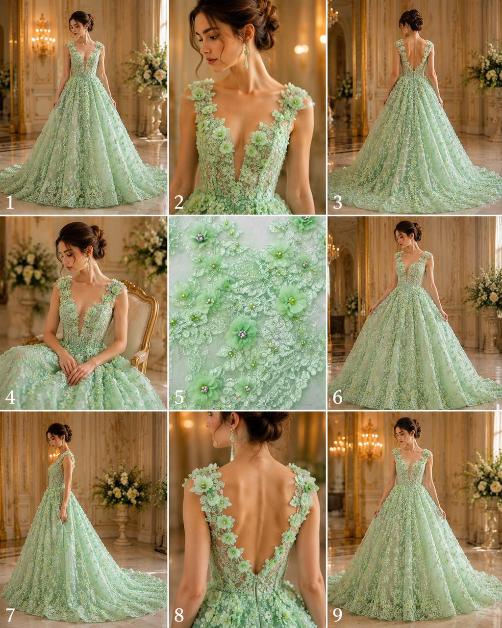 3D Floral Embroidery Lace with Rhinestones -  MINT  - By The Yard Prom Dress Fabric