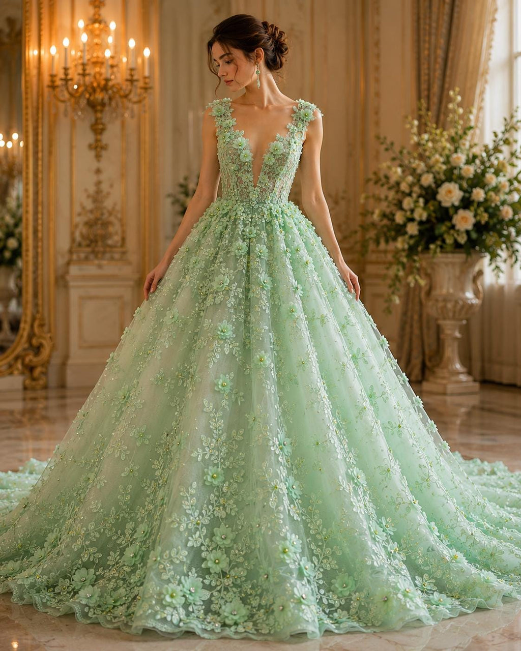 3D Floral Embroidery Lace with Rhinestones -  MINT  - By The Yard Prom Dress Fabric