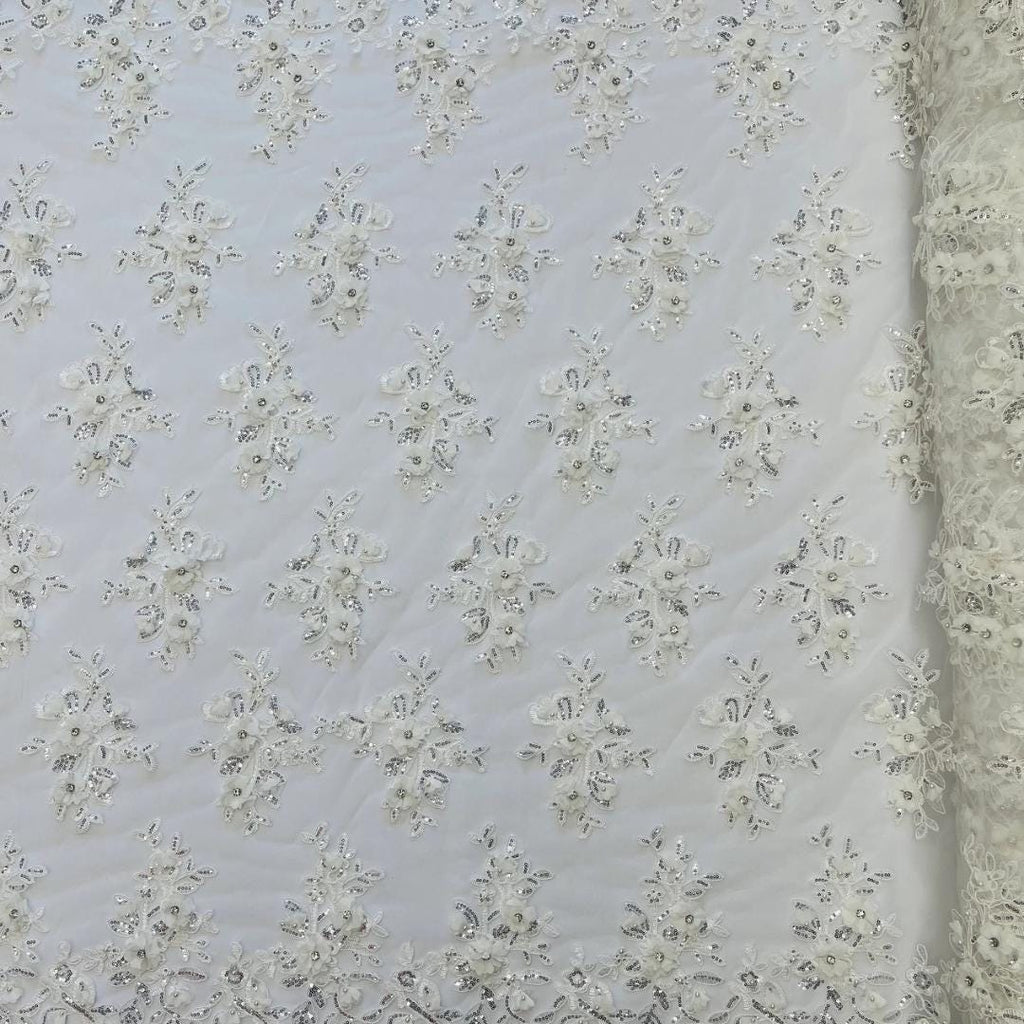 3D Floral Embroidery Lace with Rhinestones -  OFF WHITE  - By The Yard Prom Dress Fabric