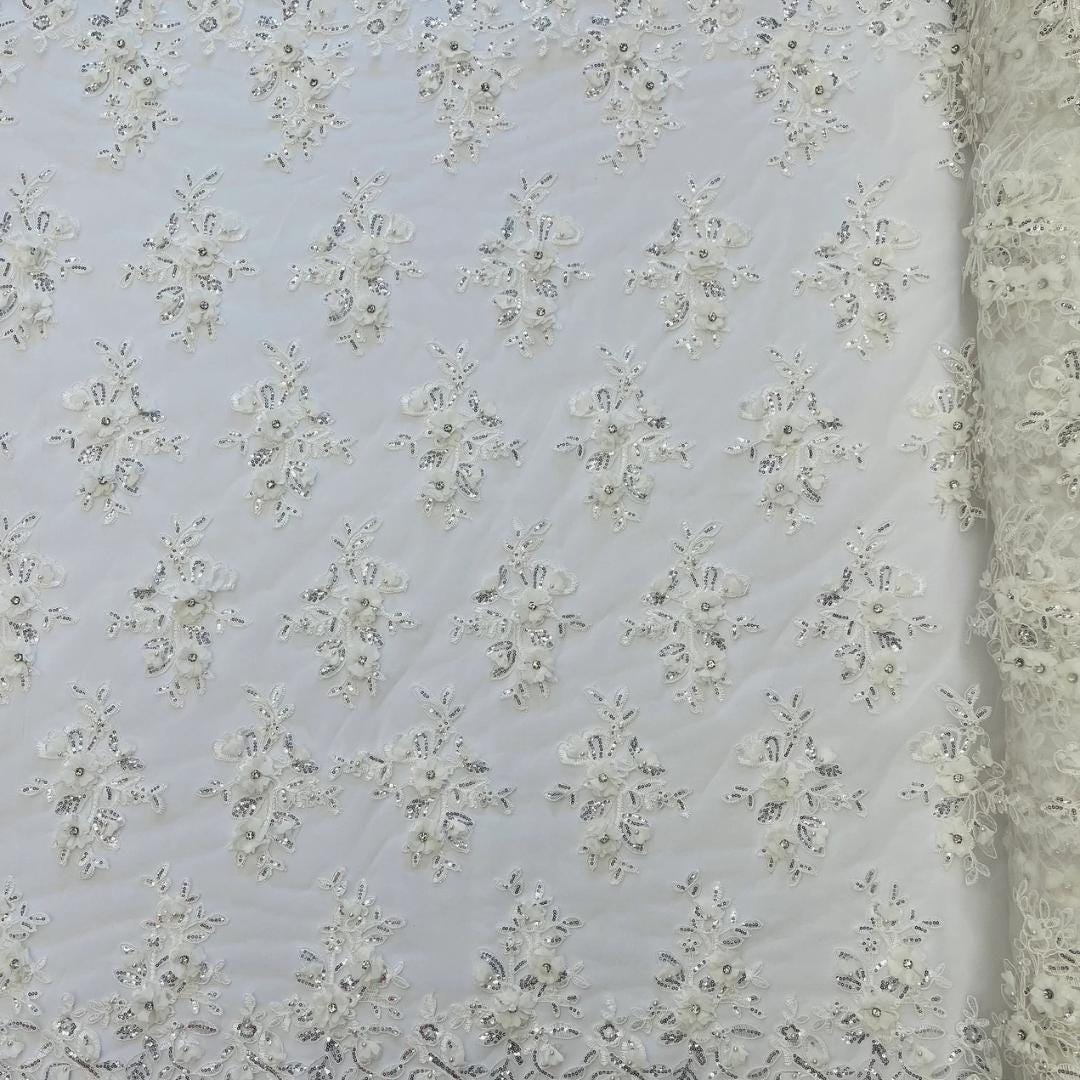3D Floral Embroidery Lace with Rhinestones -  OFF WHITE  - By The Yard Prom Dress Fabric