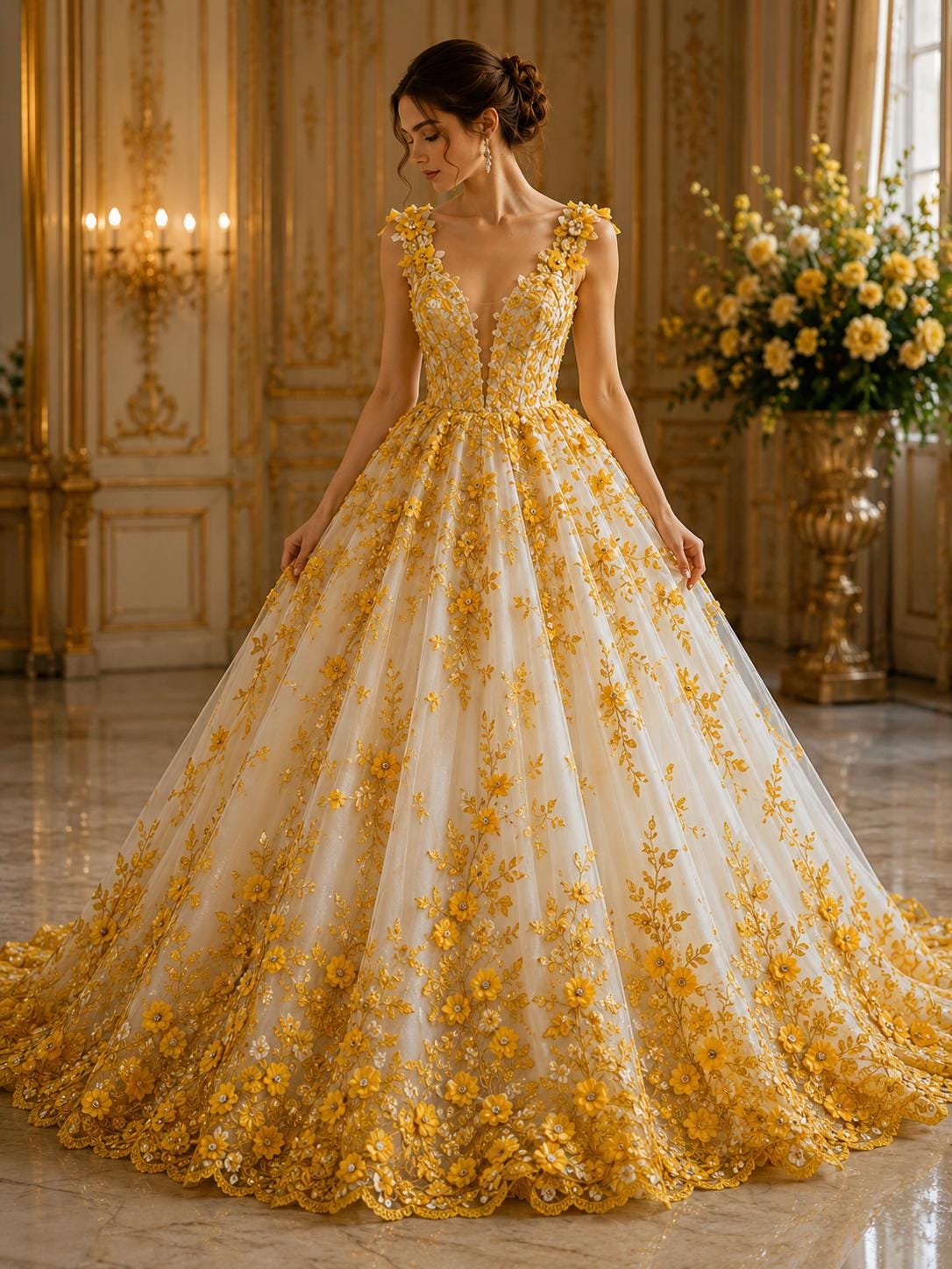 3D Floral Embroidery Lace with Rhinestones -  YELLOW - By The Yard Prom Dress Fabric