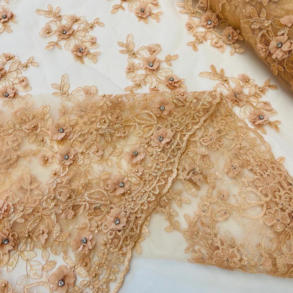 3D Floral Embroidery Lace with Rhinestones -  PEACH - By The Yard Prom Dress Fabric