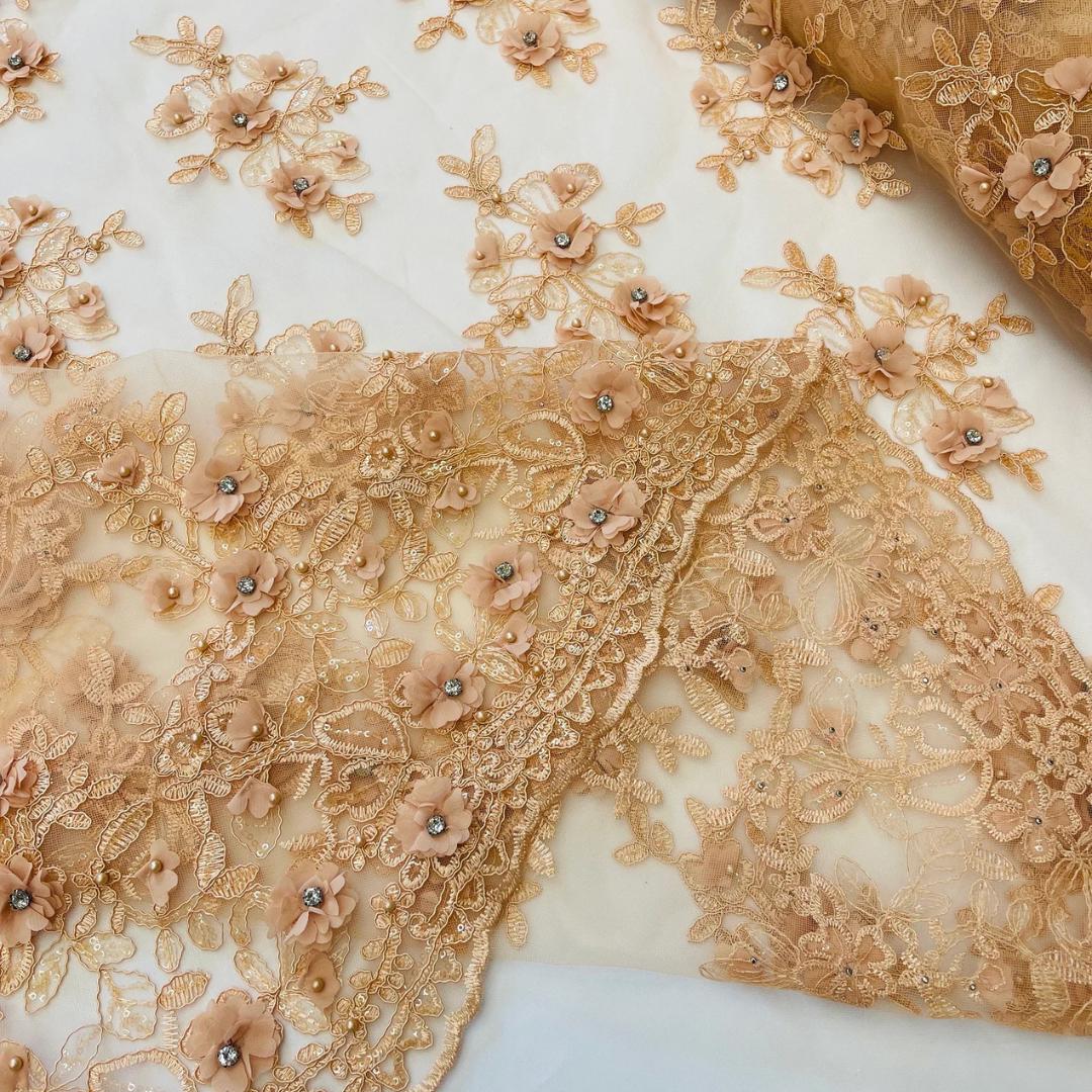 3D Floral Embroidery Lace with Rhinestones -  PEACH - By The Yard Prom Dress Fabric