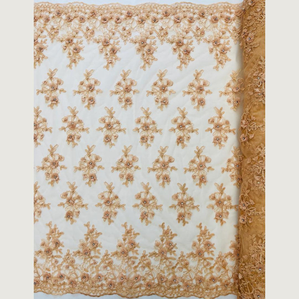 3D Floral Embroidery Lace with Rhinestones -  PEACH - By The Yard Prom Dress Fabric