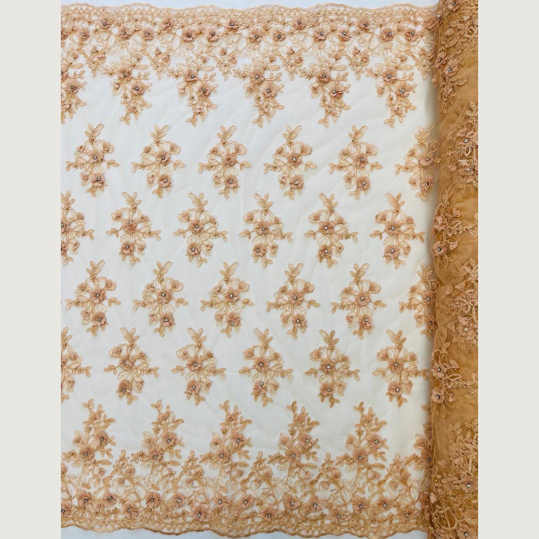 3D Floral Embroidery Lace with Rhinestones -  PEACH - By The Yard Prom Dress Fabric