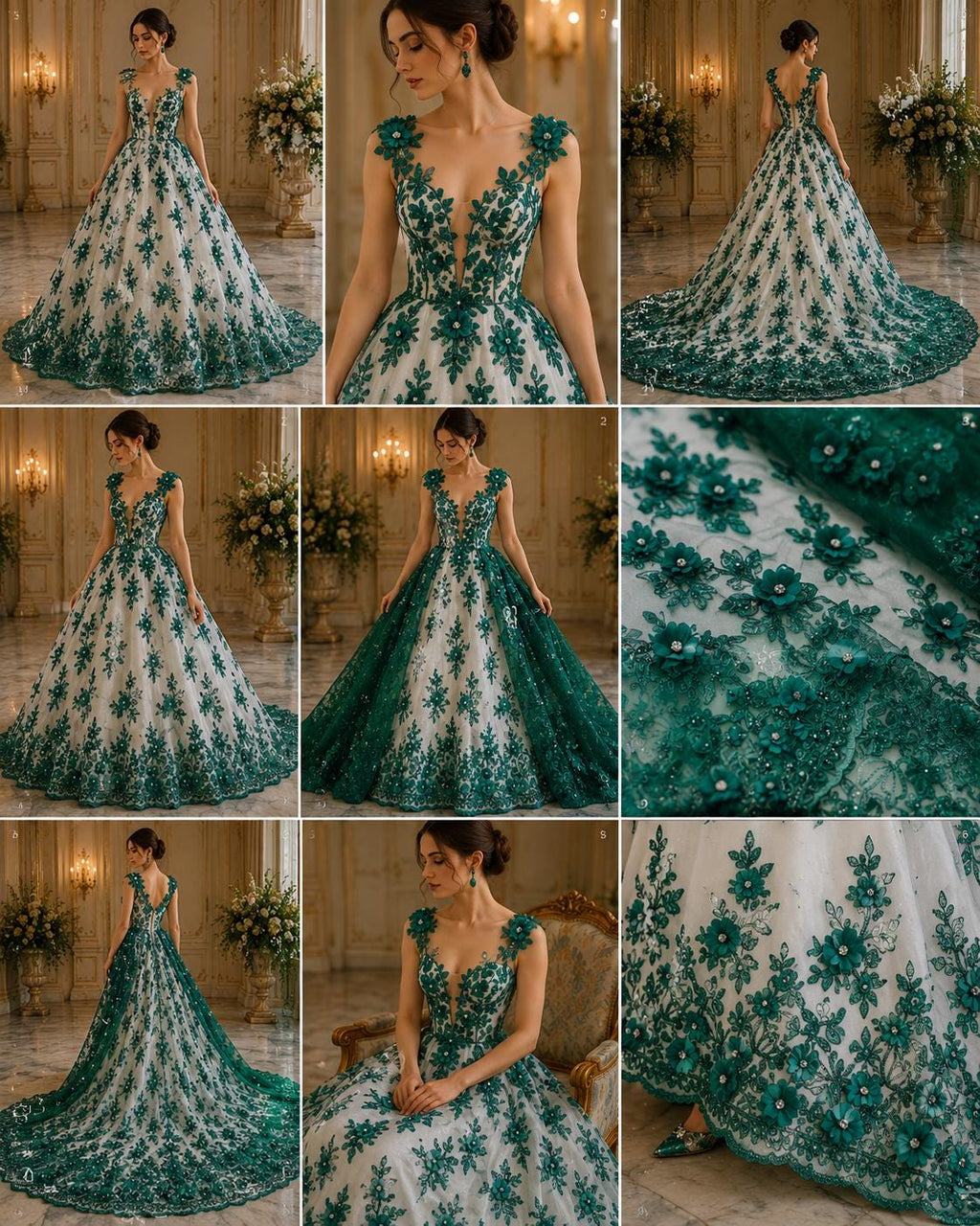 3D Floral Embroidery Lace with Rhinestones -  HUNTER - By The Yard Prom Dress Fabric