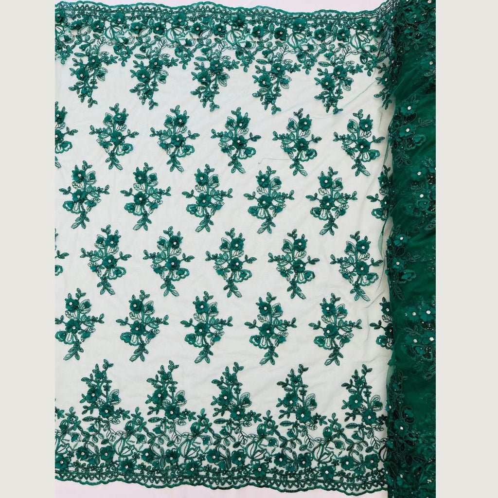 3D Floral Embroidery Lace with Rhinestones -  HUNTER - By The Yard Prom Dress Fabric