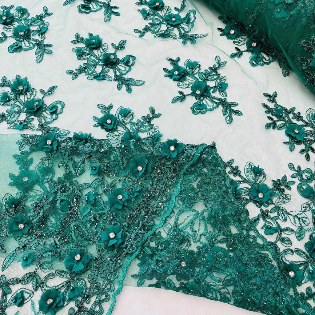 3D Floral Embroidery Lace with Rhinestones -  HUNTER - By The Yard Prom Dress Fabric