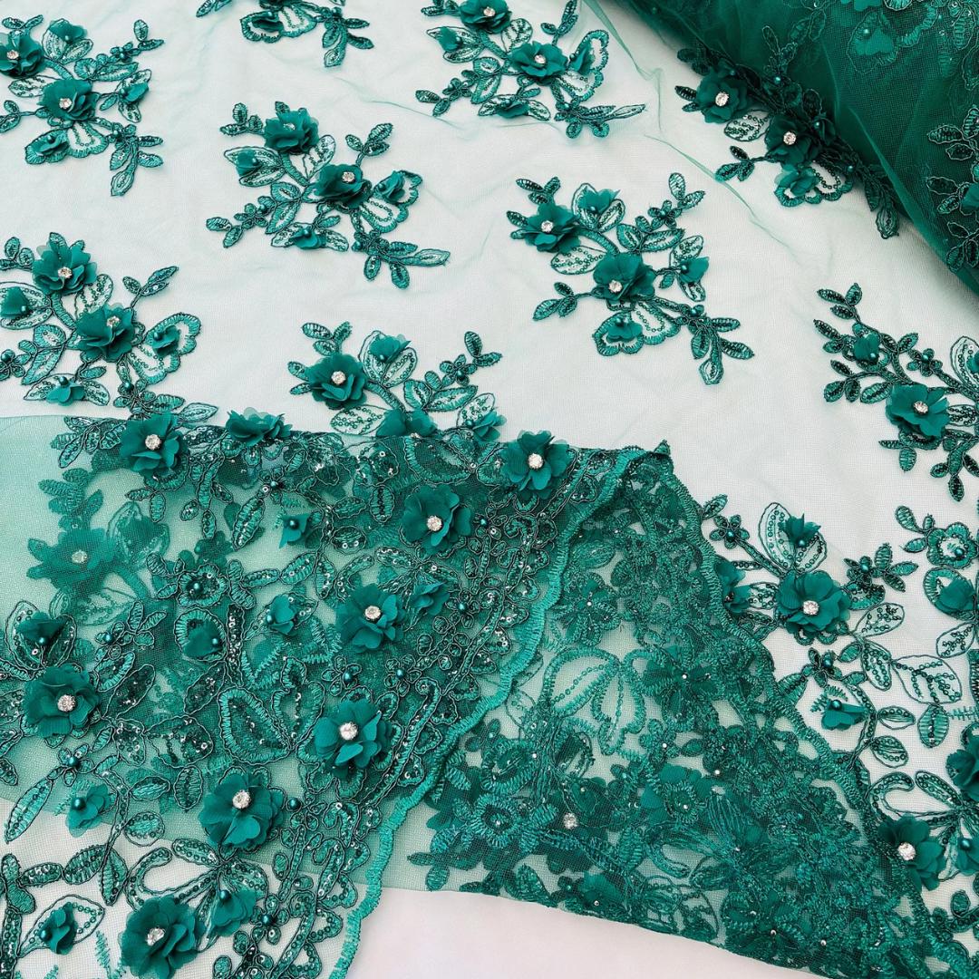 3D Floral Embroidery Lace with Rhinestones -  HUNTER - By The Yard Prom Dress Fabric