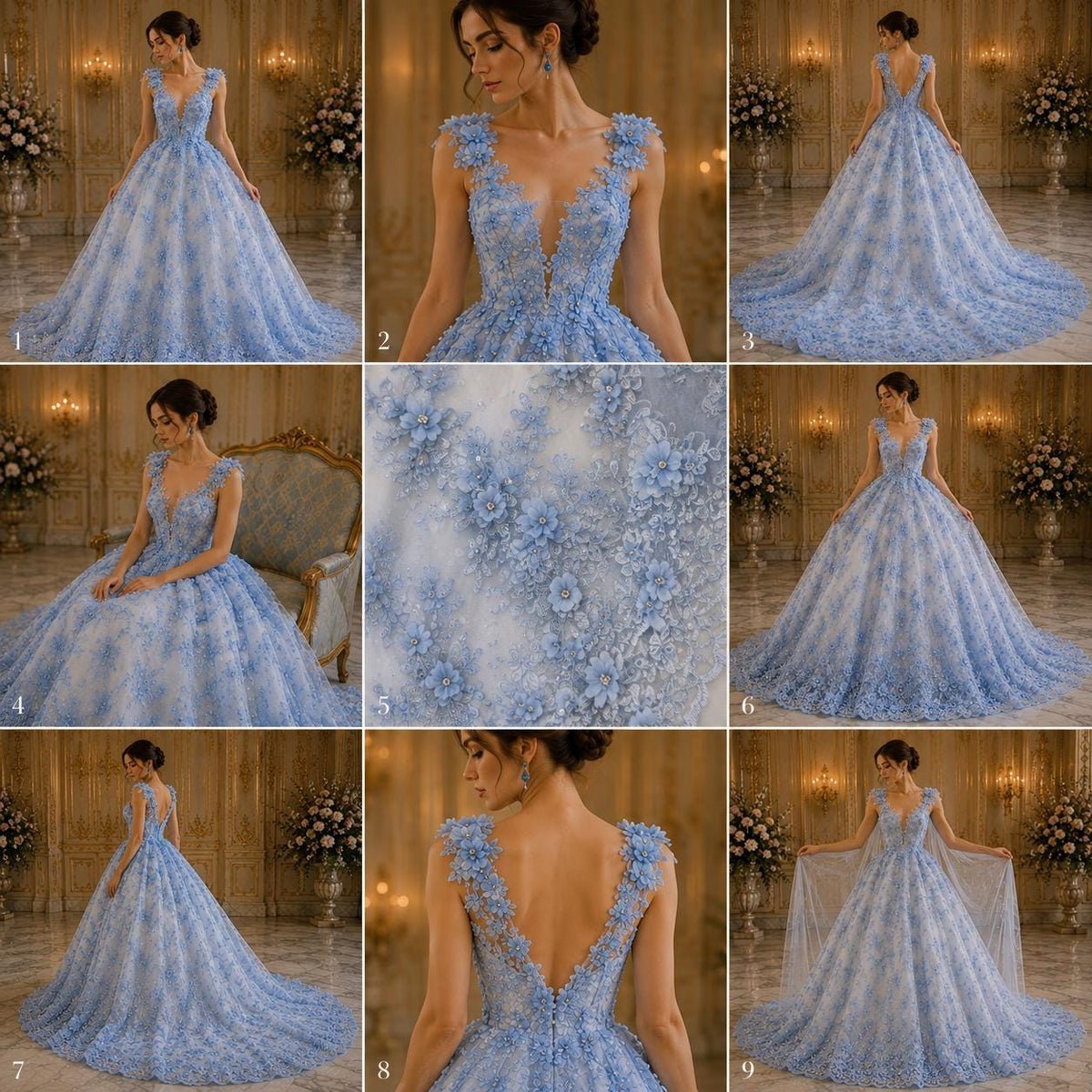 3D Floral Embroidery Lace with Rhinestones -  LT BLUE - By The Yard Prom Dress Fabric
