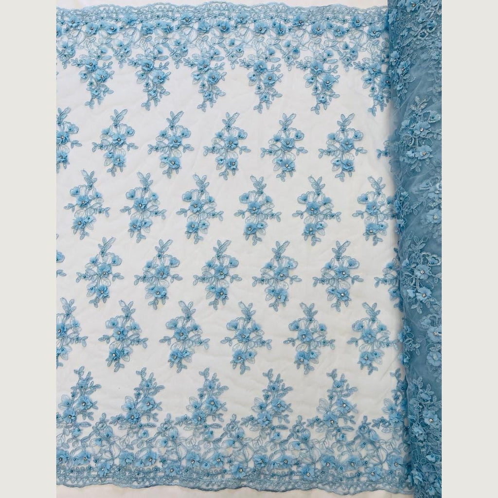 3D Floral Embroidery Lace with Rhinestones -  LT BLUE - By The Yard Prom Dress Fabric