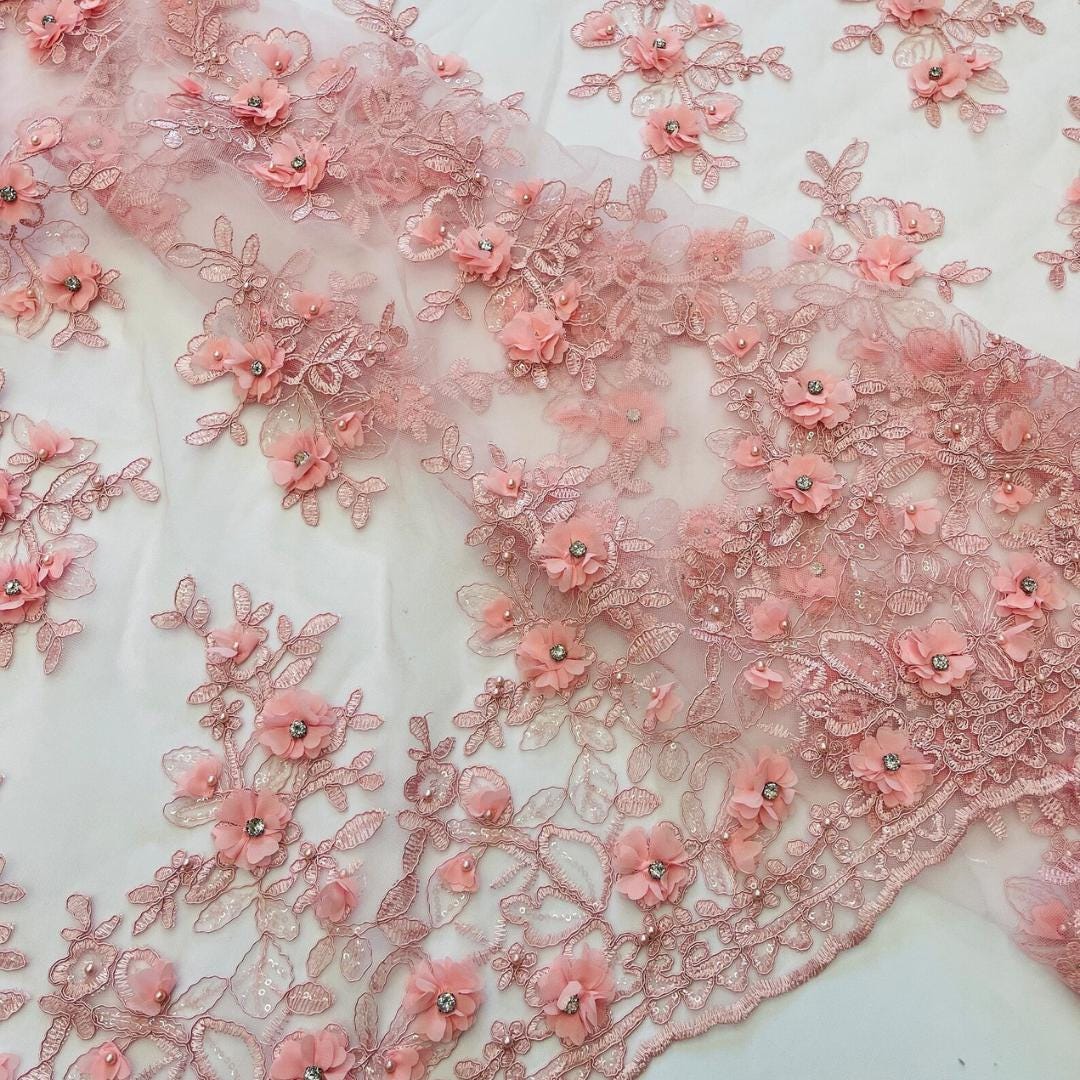 3D Floral Embroidery Lace with Rhinestones -  LT PINK - By The Yard Fabric