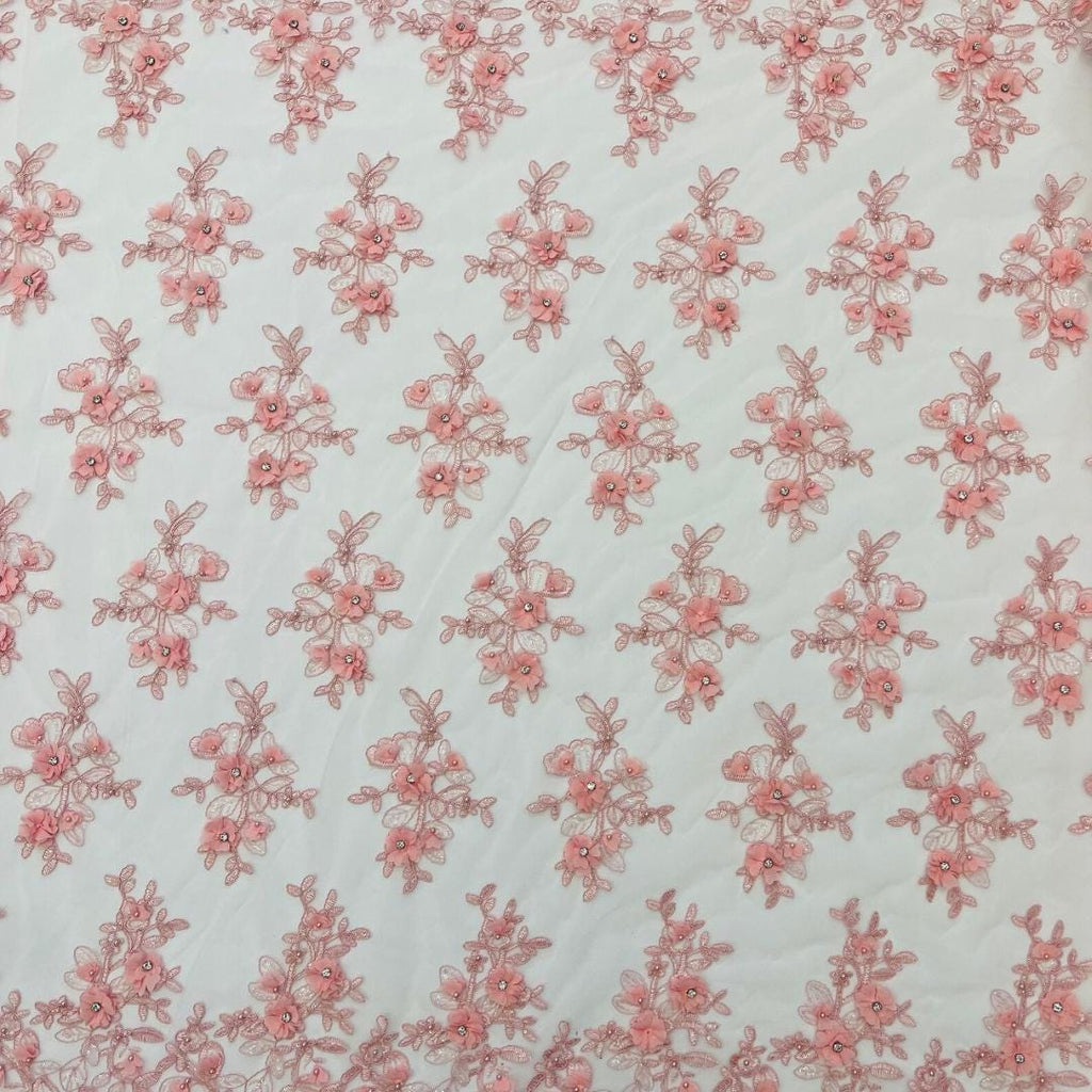 3D Floral Embroidery Lace with Rhinestones -  LT PINK - By The Yard Fabric