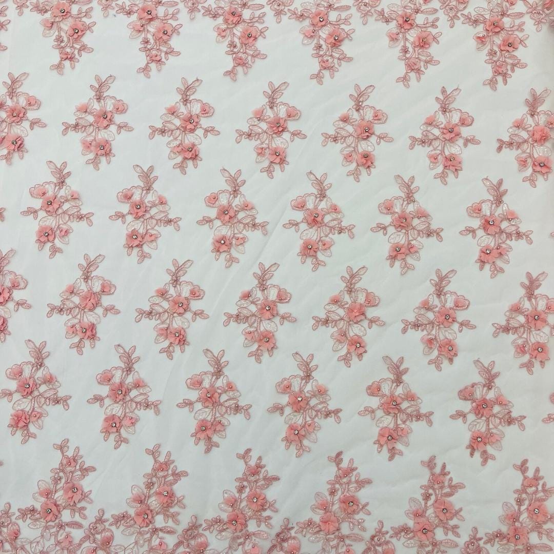 3D Floral Embroidery Lace with Rhinestones -  LT PINK - By The Yard Fabric