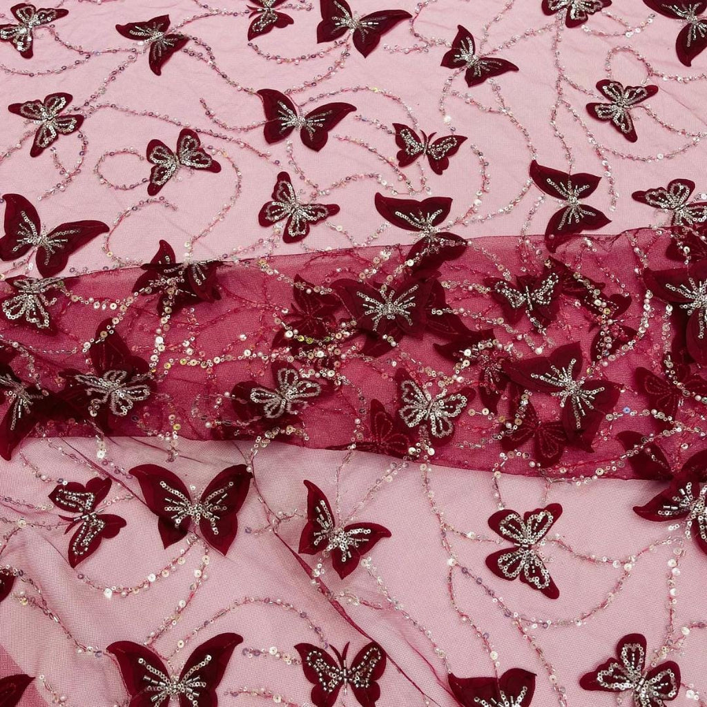 3D Butterfly Lace - BURGUNDY -  3D Butterfly Design Embroider Beaded Fabric For Quinsiañera Dresses - Prom Dress Sold By Yard