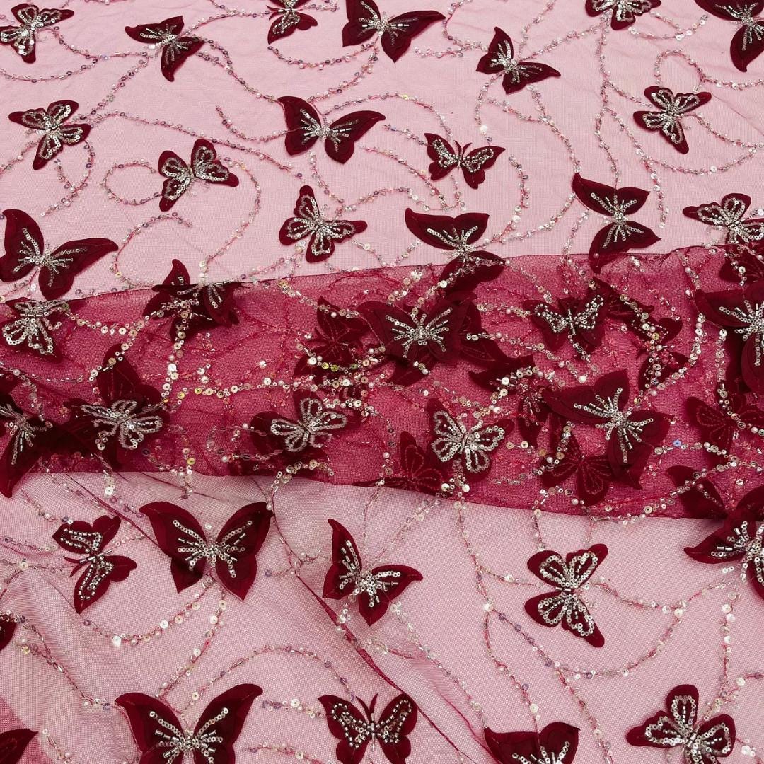 3D Butterfly Lace - BURGUNDY -  3D Butterfly Design Embroider Beaded Fabric For Quinsiañera Dresses - Prom Dress Sold By Yard