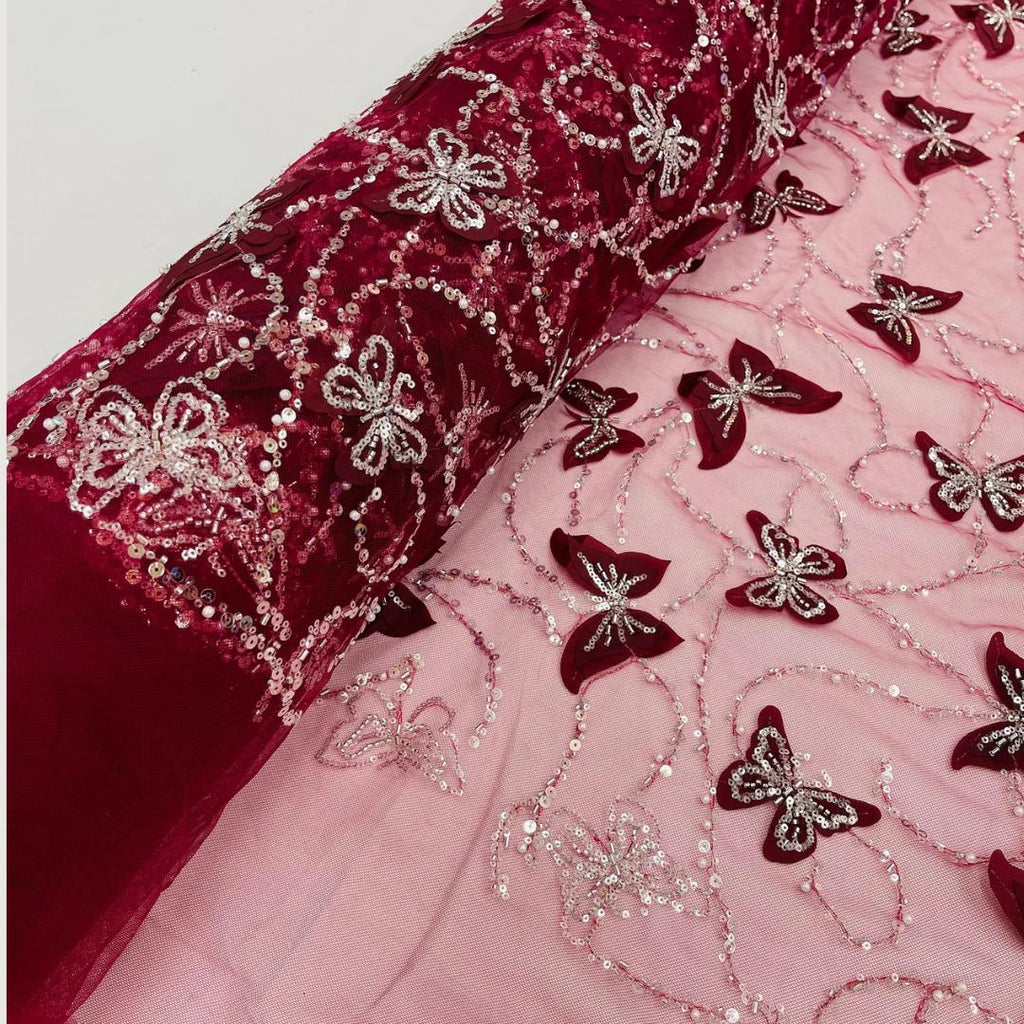 3D Butterfly Lace - BURGUNDY -  3D Butterfly Design Embroider Beaded Fabric For Quinsiañera Dresses - Prom Dress Sold By Yard