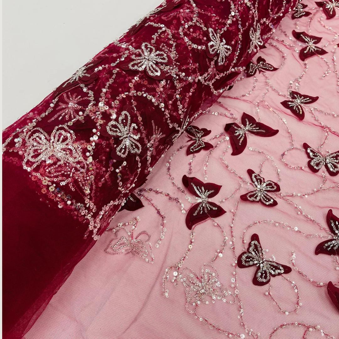 3D Butterfly Lace - BURGUNDY -  3D Butterfly Design Embroider Beaded Fabric For Quinsiañera Dresses - Prom Dress Sold By Yard