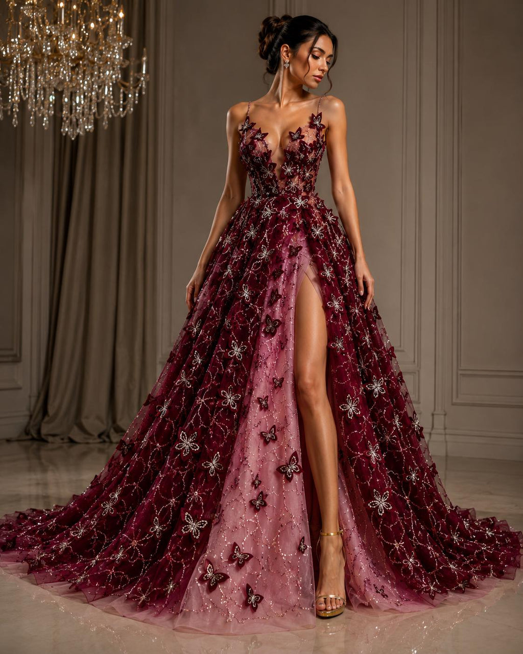 3D Butterfly Lace - BURGUNDY -  3D Butterfly Design Embroider Beaded Fabric For Quinsiañera Dresses - Prom Dress Sold By Yard
