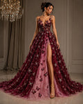 3D Butterfly Lace - BURGUNDY -  3D Butterfly Design Embroider Beaded Fabric For Quinsiañera Dresses - Prom Dress Sold By Yard