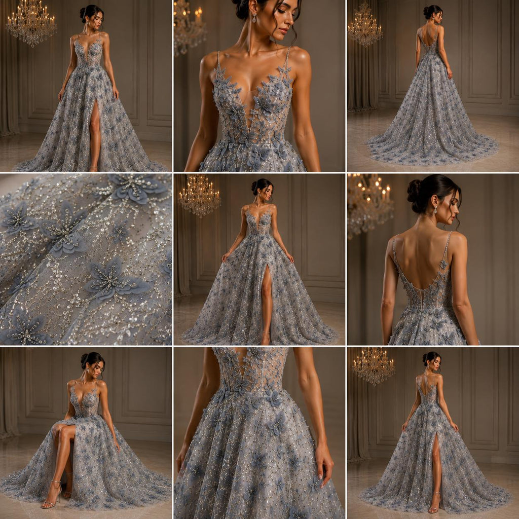 3D Butterfly Lace - SILVER -  3D Butterfly Design Embroider Beaded Fabric For Quinsiañera Dresses - Prom Dress Sold By Yard