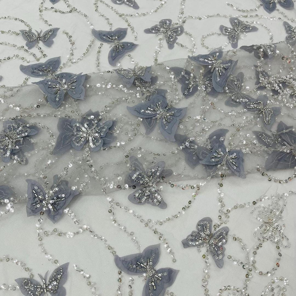 3D Butterfly Lace - SILVER -  3D Butterfly Design Embroider Beaded Fabric For Quinsiañera Dresses - Prom Dress Sold By Yard