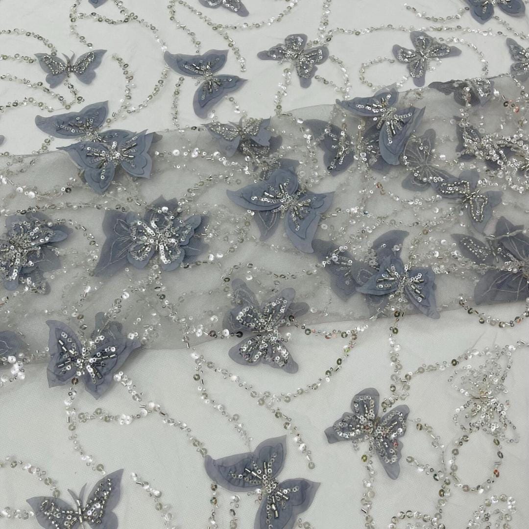 3D Butterfly Lace - SILVER -  3D Butterfly Design Embroider Beaded Fabric For Quinsiañera Dresses - Prom Dress Sold By Yard