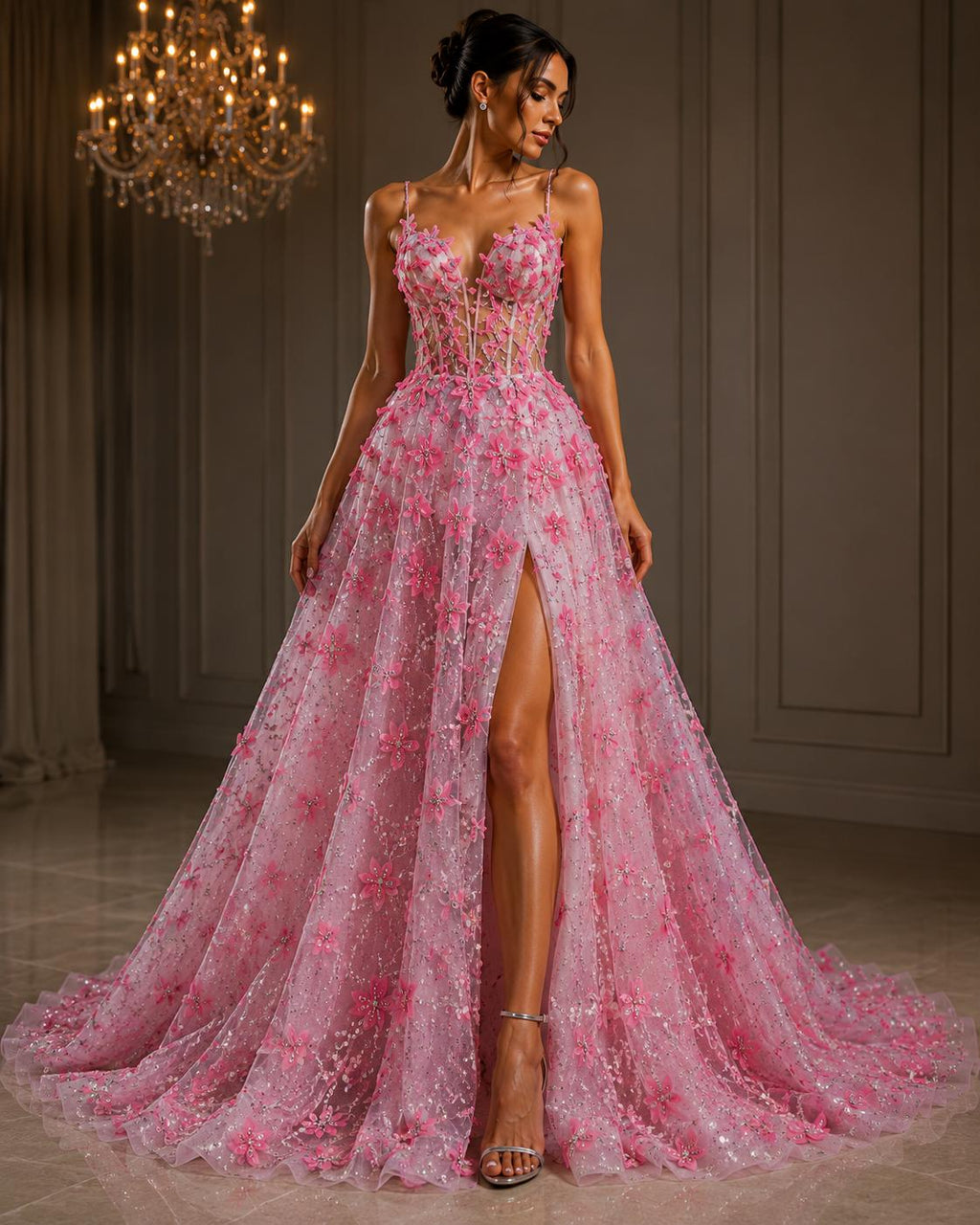 3D Butterfly Lace - CANDY PINK -  3D Butterfly Design Embroider Beaded Fabric For Quinsiañera Dresses - Prom Dress Sold By Yard