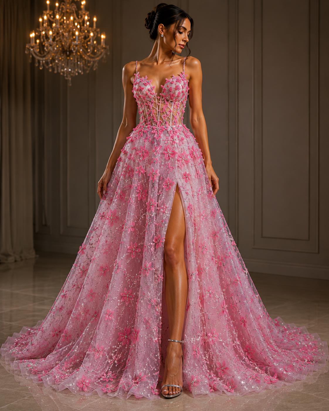 3D Butterfly Lace - CANDY PINK -  3D Butterfly Design Embroider Beaded Fabric For Quinsiañera Dresses - Prom Dress Sold By Yard