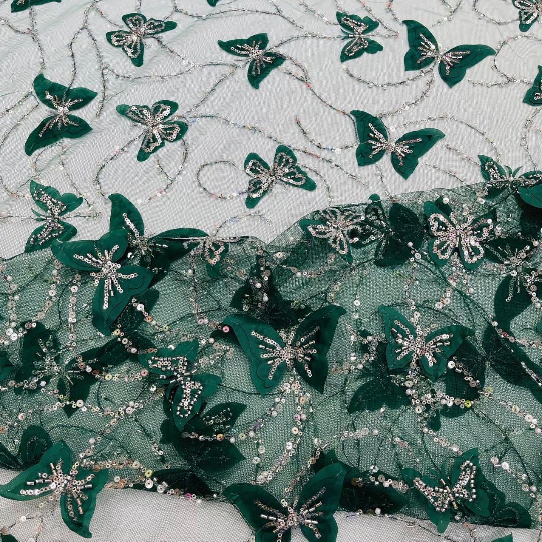 3D Butterfly Lace - HUNTER -  3D Butterfly Design Embroider Beaded Fabric For Quinsiañera Dresses - Prom Dress Sold By Yard