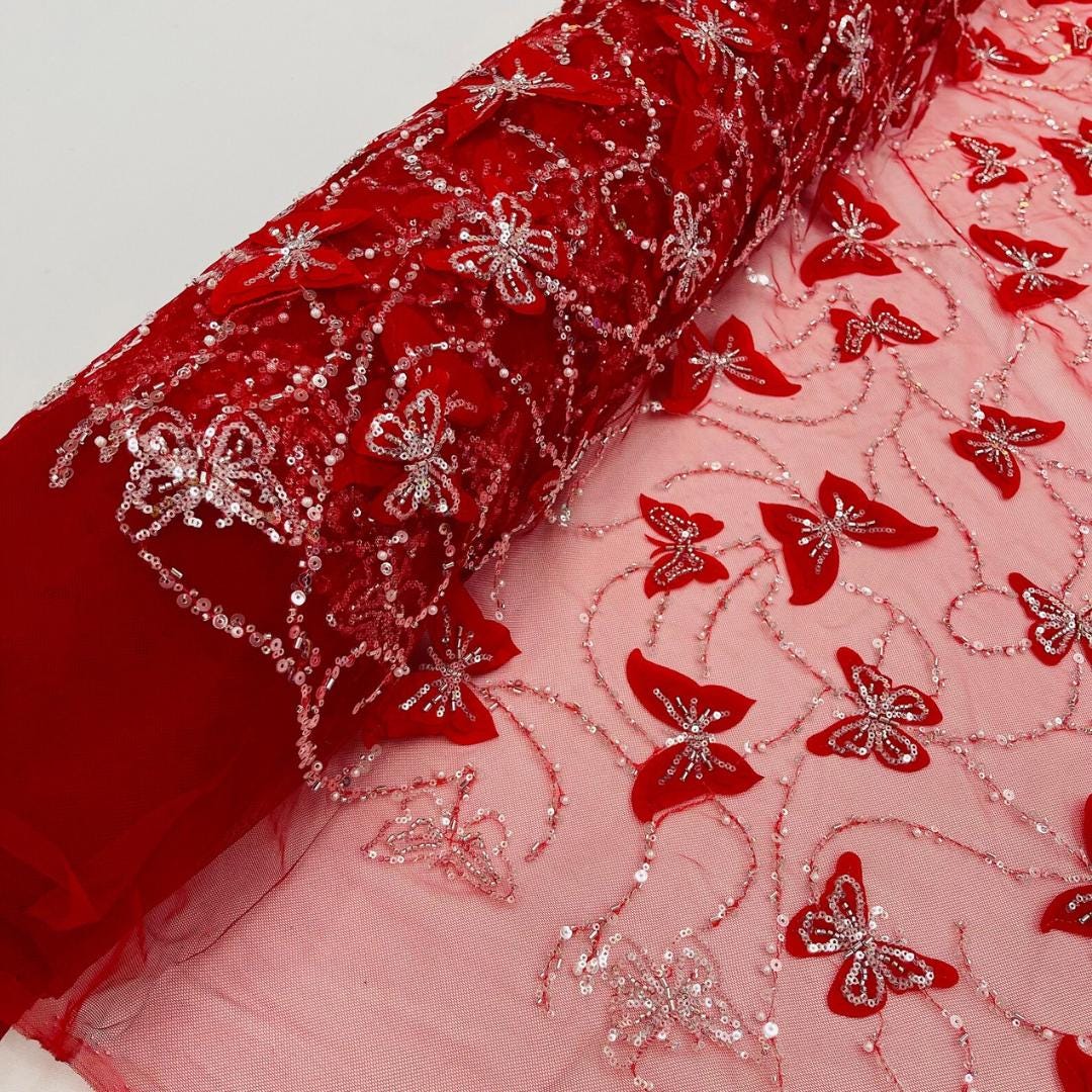 3D Butterfly Lace - RED -  3D Butterfly Design Embroider Beaded Fabric For Quinsiañera Dresses - Prom Dress Sold By Yard