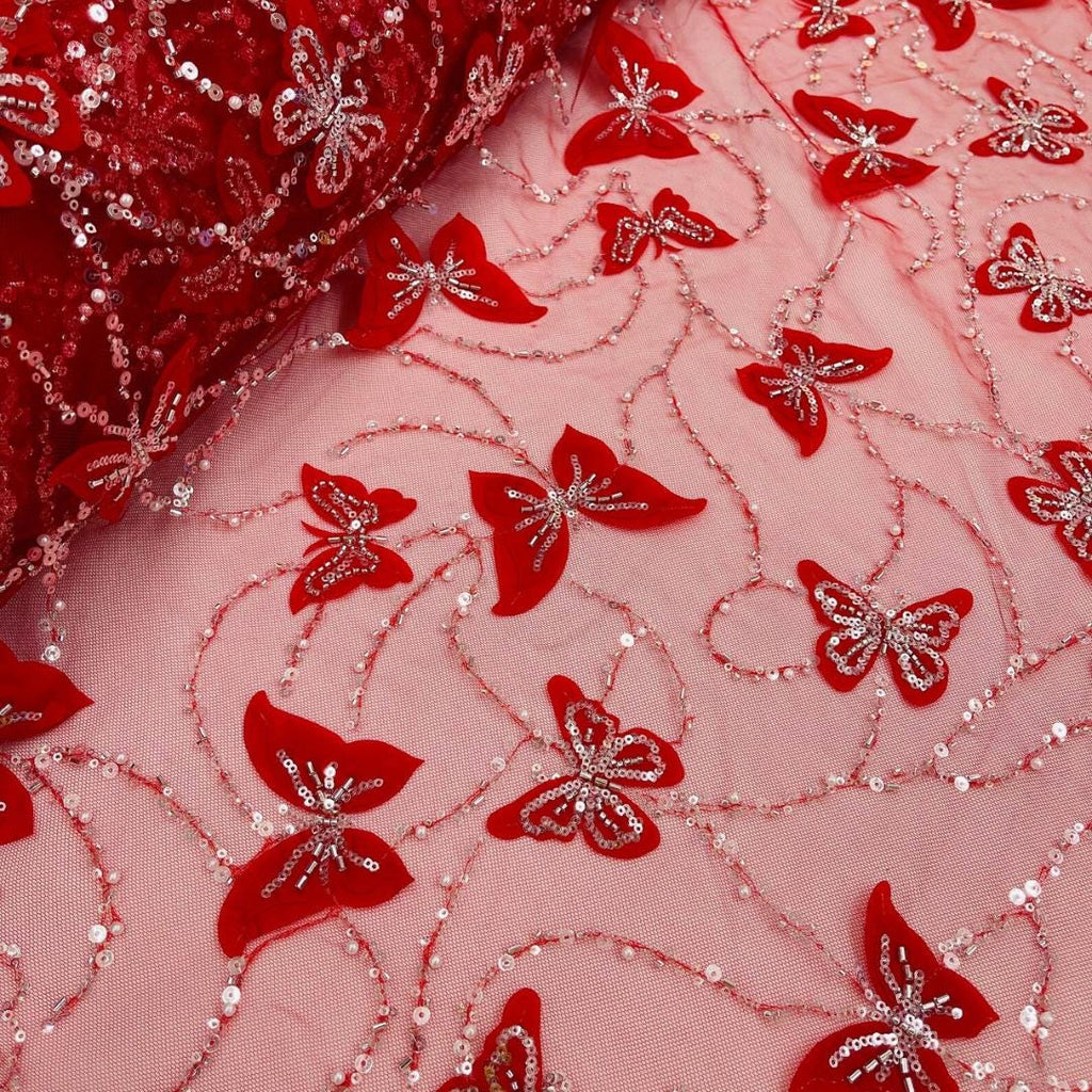 3D Butterfly Lace - RED -  3D Butterfly Design Embroider Beaded Fabric For Quinsiañera Dresses - Prom Dress Sold By Yard