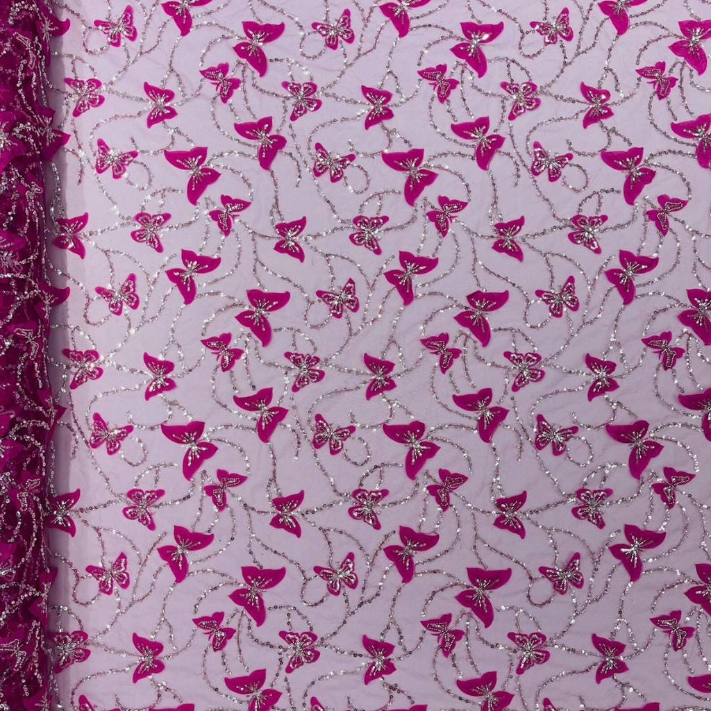 3D Butterfly Lace - FUCHSIA -  3D Butterfly Design Embroider Beaded Fabric For Quinsiañera Dresses - Prom Dress Sold By Yard