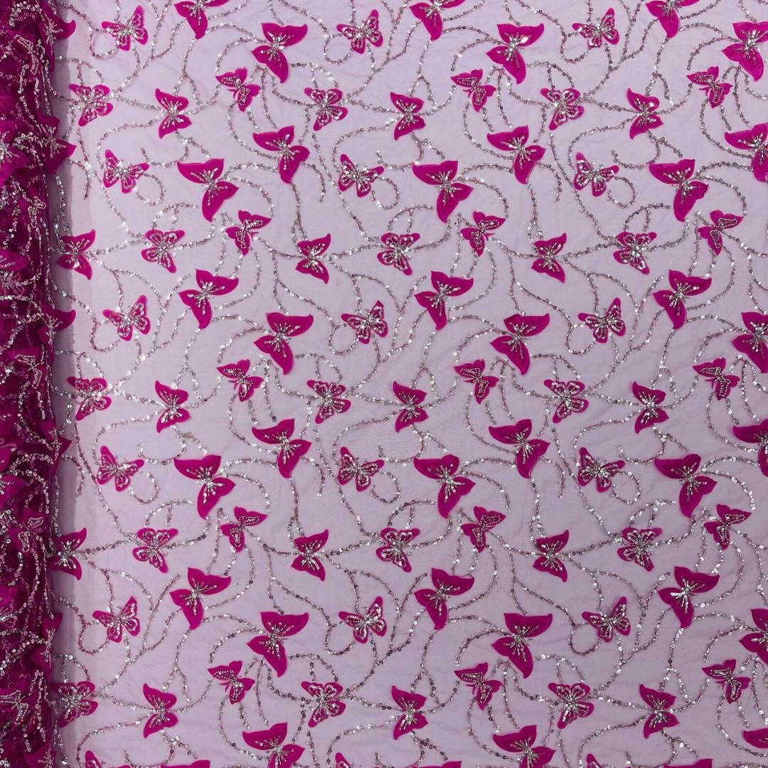 3D Butterfly Lace - FUCHSIA -  3D Butterfly Design Embroider Beaded Fabric For Quinsiañera Dresses - Prom Dress Sold By Yard