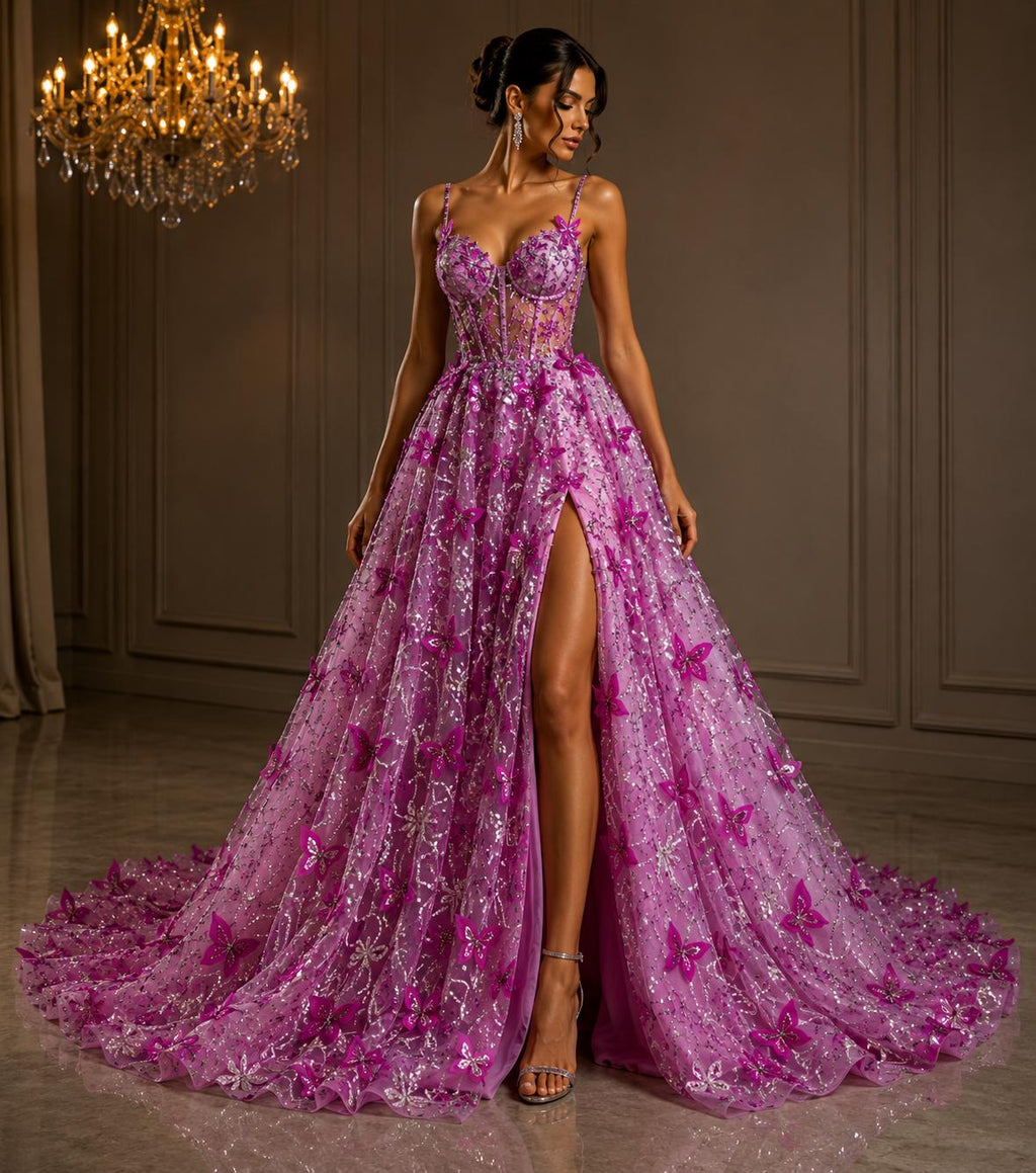 3D Butterfly Lace - FUCHSIA -  3D Butterfly Design Embroider Beaded Fabric For Quinsiañera Dresses - Prom Dress Sold By Yard