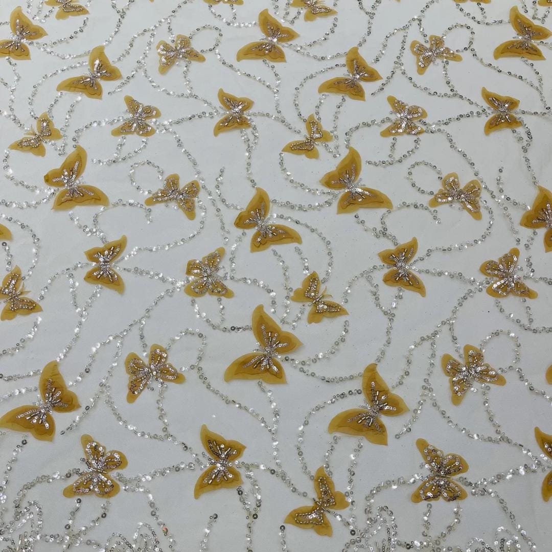3D Butterfly Lace - GOLD -  3D Butterfly Design Embroider Beaded Fabric For Quinsiañera Dresses - Prom Dress Sold By Yard