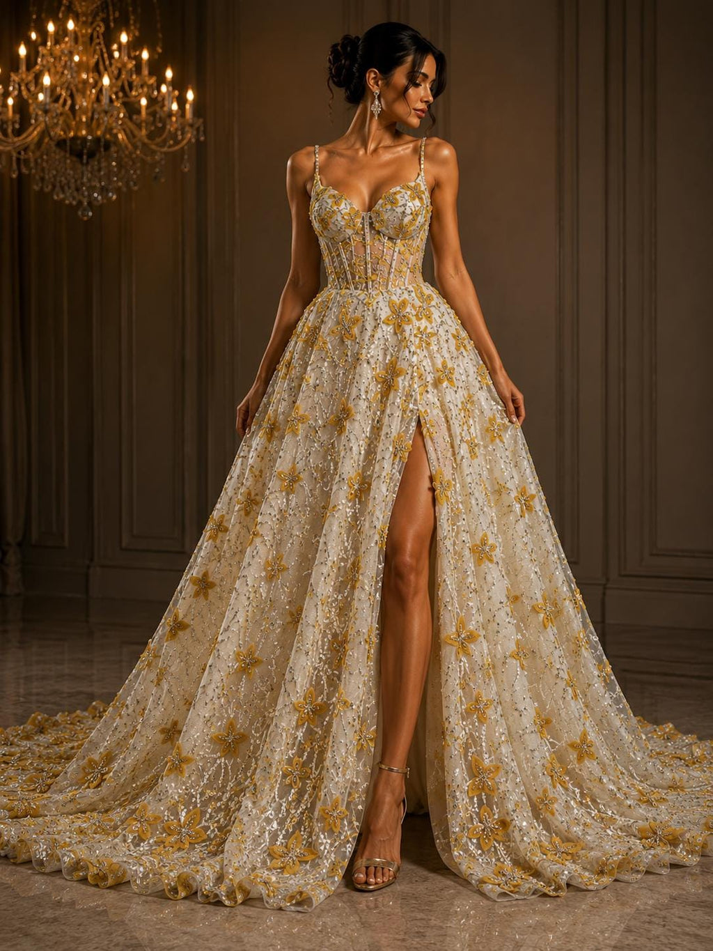 3D Butterfly Lace - GOLD -  3D Butterfly Design Embroider Beaded Fabric For Quinsiañera Dresses - Prom Dress Sold By Yard