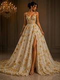 3D Butterfly Lace - GOLD -  3D Butterfly Design Embroider Beaded Fabric For Quinsiañera Dresses - Prom Dress Sold By Yard
