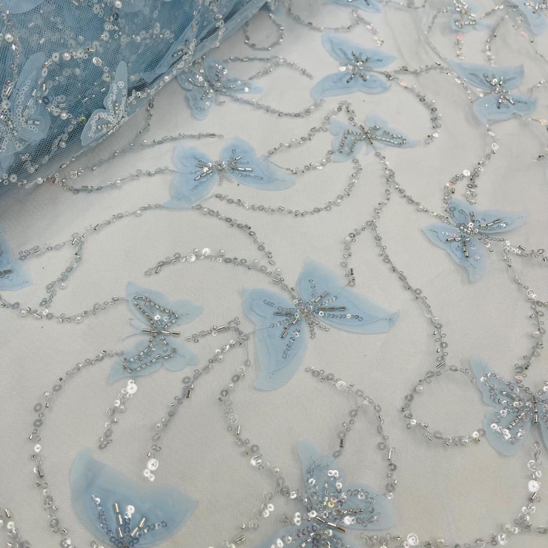 3D Butterfly Lace - LT BLUE -  3D Butterfly Design Embroider Beaded Fabric For Quinsiañera Dresses - Prom Dress Sold By Yard