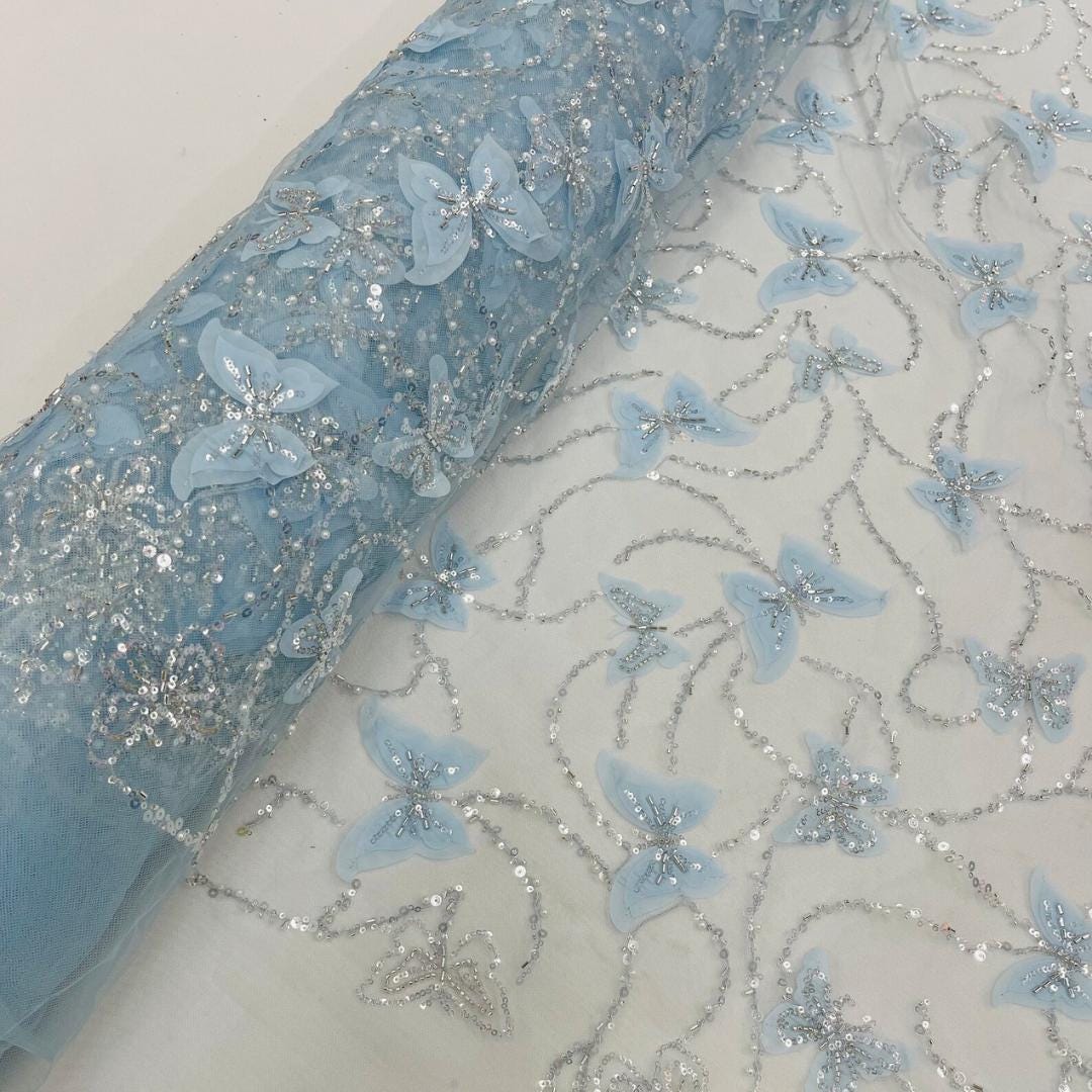 3D Butterfly Lace - LT BLUE -  3D Butterfly Design Embroider Beaded Fabric For Quinsiañera Dresses - Prom Dress Sold By Yard