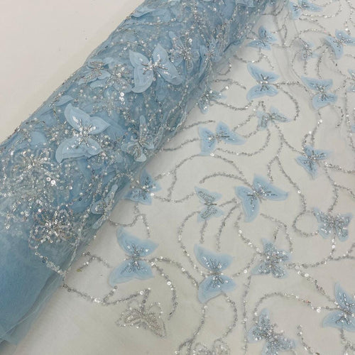 3D Butterfly Lace - LT BLUE -  3D Butterfly Design Embroider Beaded Fabric For Quinsiañera Dresses - Prom Dress Sold By Yard