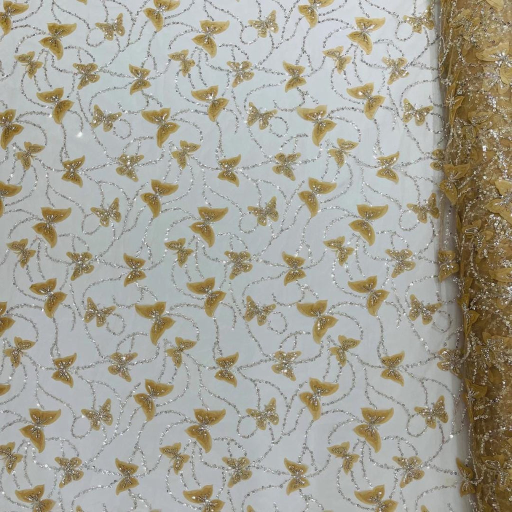 3D Butterfly Lace - CHAMPAGNE -  3D Butterfly Design Embroider Beaded Fabric For Quinsiañera Dresses - Prom Dress Sold By Yard