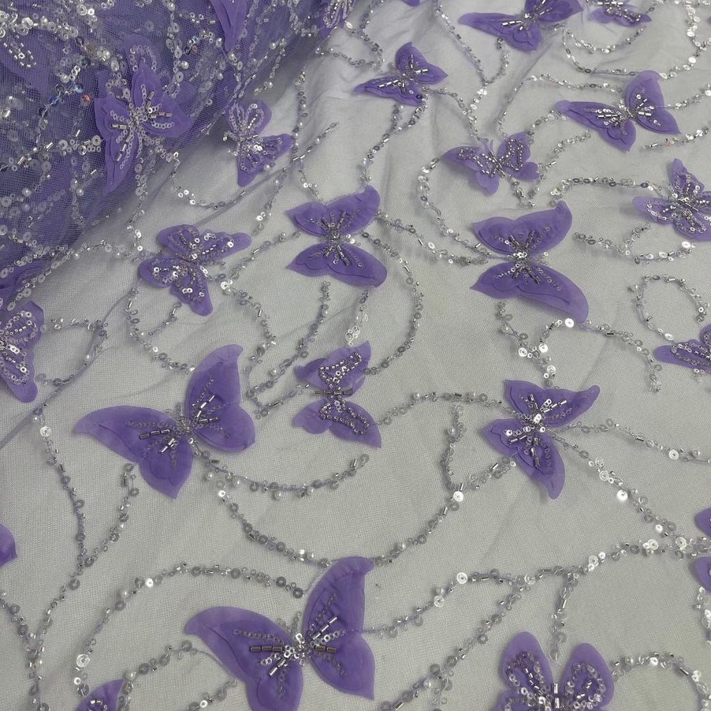 3D Butterfly Lace - LILAC -  3D Butterfly Design Embroider Beaded Fabric For Quinsiañera Dresses - Prom Dress Sold By Yard
