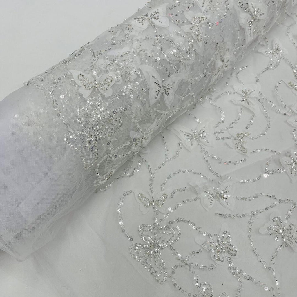 3D Butterfly Lace - WHITE -  3D Butterfly Design Embroider Beaded Fabric For Quinsiañera Dresses - Prom Dress Sold By Yard