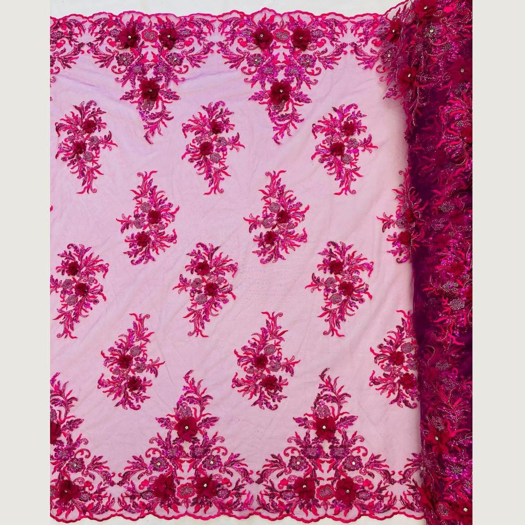 Beaded 3D Floral - Magenta - Design Embroidery With Beaded/Rhinestones on a Mesh Fabric By Yard. Sequins Mesh 3D Flower