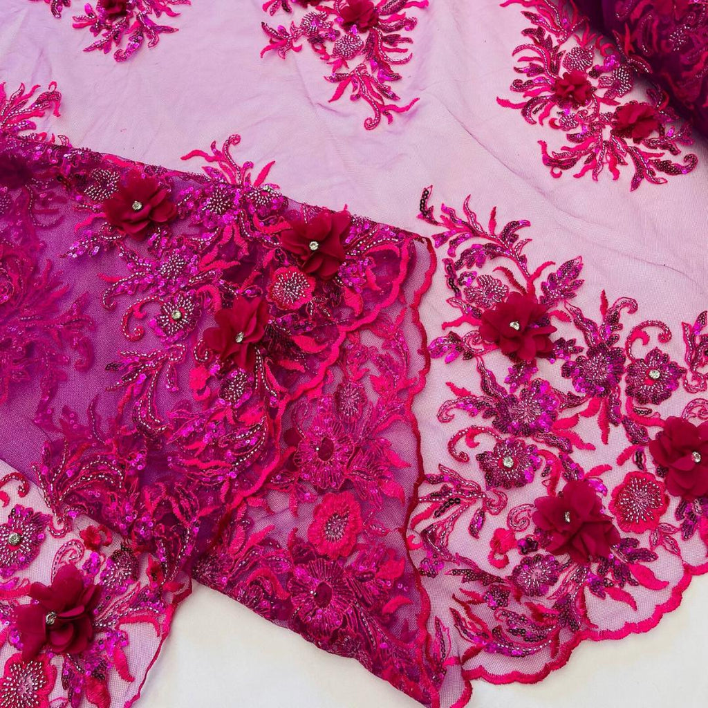 Beaded 3D Floral - Magenta - Design Embroidery With Beaded/Rhinestones on a Mesh Fabric By Yard. Sequins Mesh 3D Flower