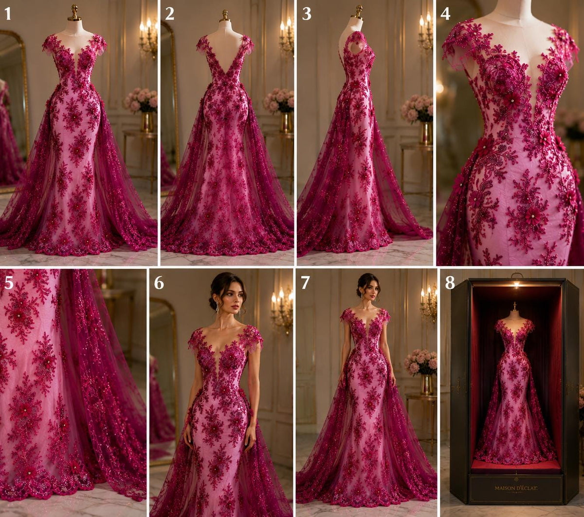 Beaded 3D Floral - Magenta - Design Embroidery With Beaded/Rhinestones on a Mesh Fabric By Yard. Sequins Mesh 3D Flower