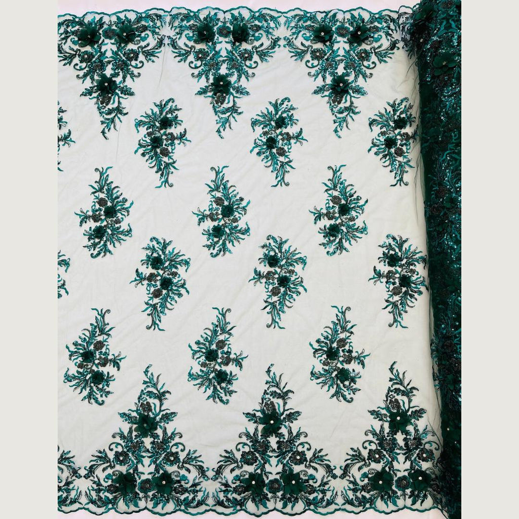 Beaded 3D Floral - Hunter - Design Embroidery With Beaded/Rhinestones on a Mesh Fabric By Yard. Sequins Mesh 3D Flower