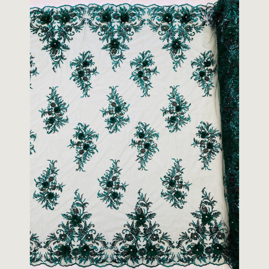 Beaded 3D Floral - Hunter - Design Embroidery With Beaded/Rhinestones on a Mesh Fabric By Yard. Sequins Mesh 3D Flower